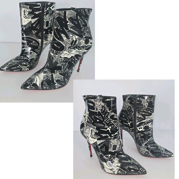 Christian Louboutin So Kate 100 Graffiti Patented Ankle Bootie Black White 35.5 - Picture 15 of 15
